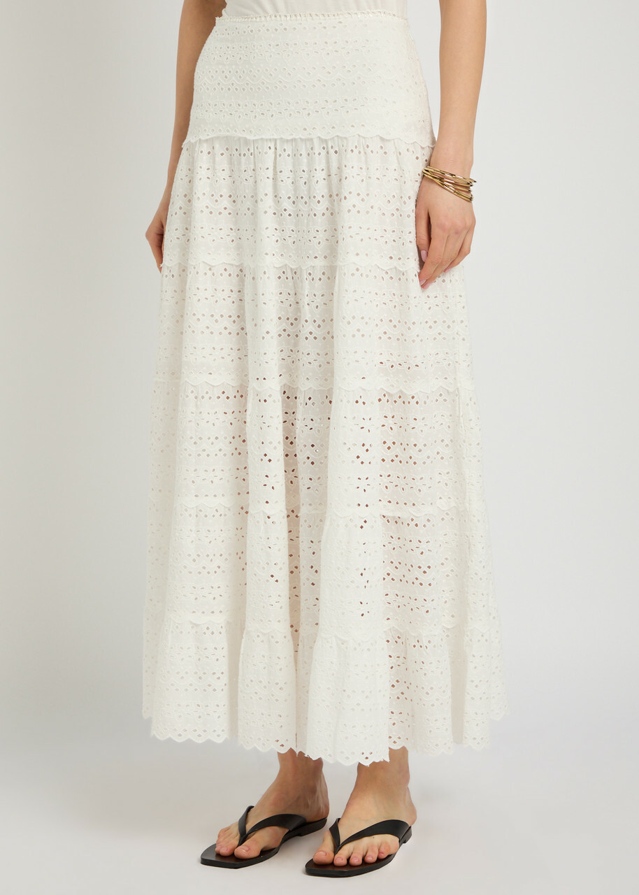 Rixo Ripeka Embroidered Cotton Midi Skirt Ivory