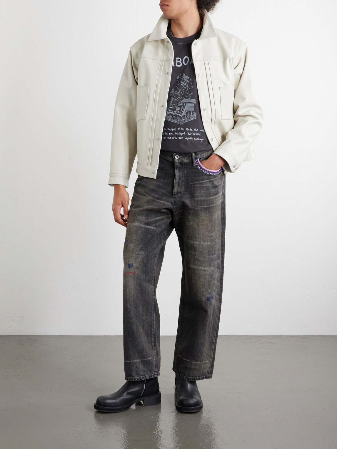 Neighborhood - Savage Wide-Leg Bead-Embellished Distressed Jeans - Black