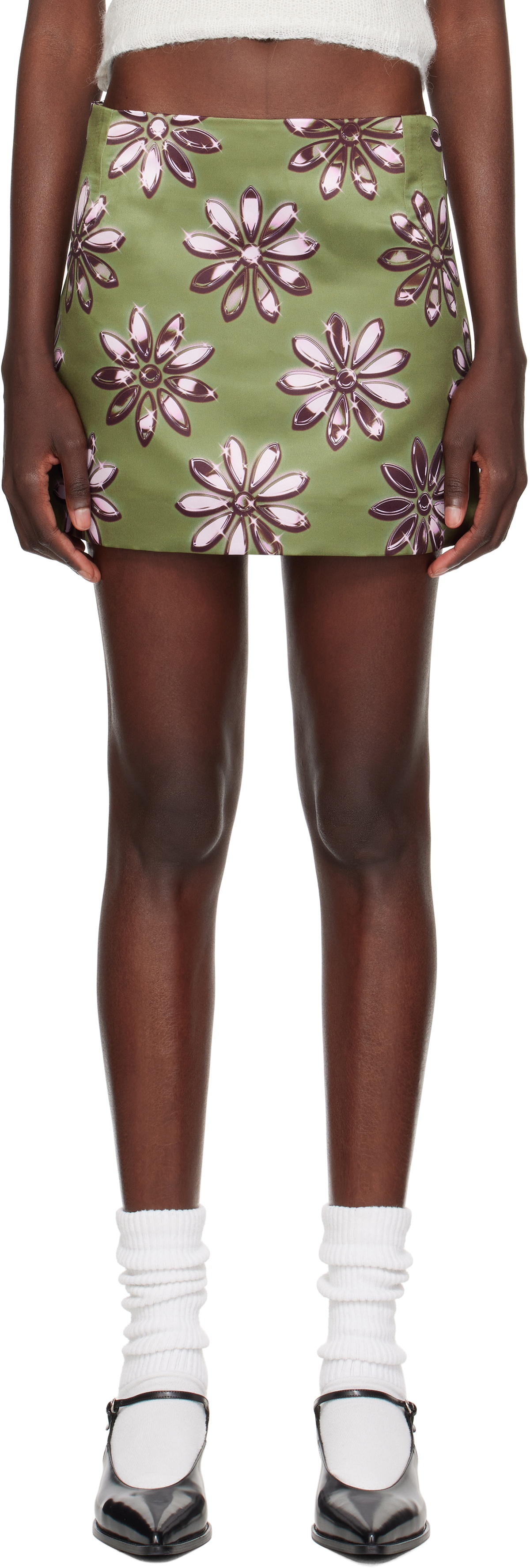 Meryll Rogge Khaki Daisy Scuba Satin Straight Miniskirt