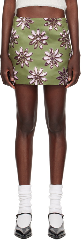 Photo: Meryll Rogge Khaki Daisy Scuba Satin Straight Miniskirt