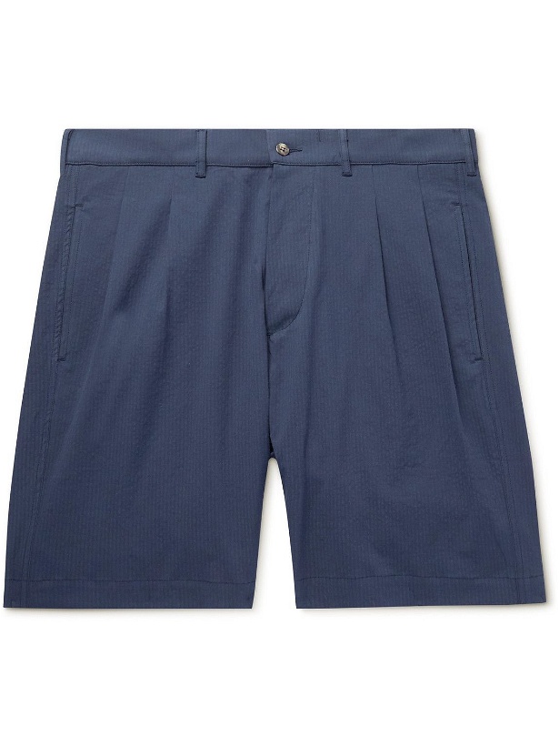 Photo: DOPPIAA - Aaza Straight-Leg Pleated Cotton-Blend Seersucker Bermuda Shorts - Blue