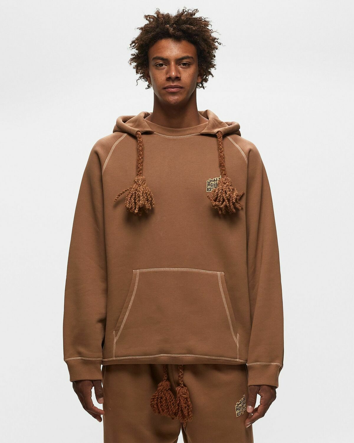 Adish Tatreez Logo Contrast Stitched Lakiya Hoodie Brown Hoodies