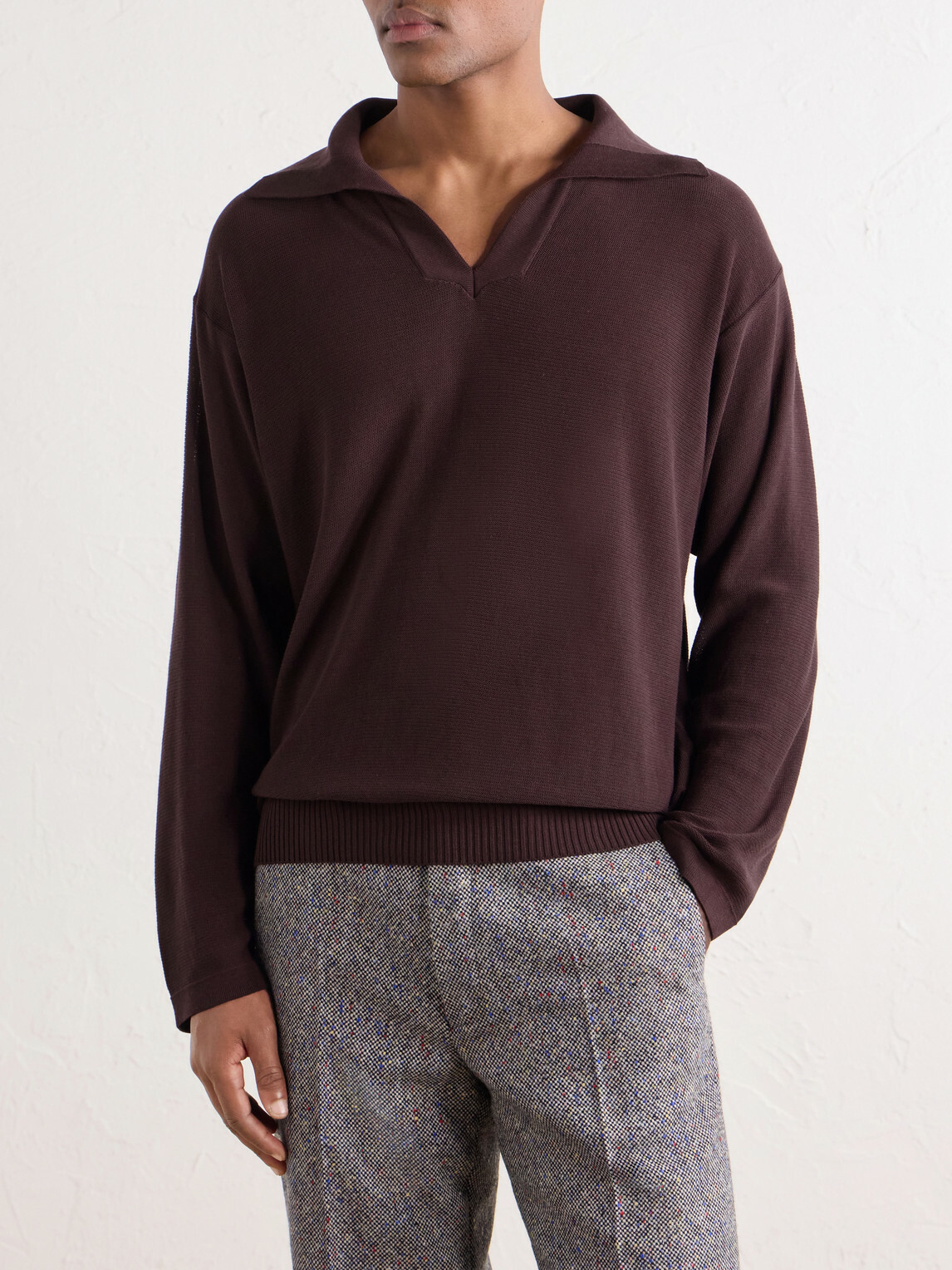 BODE - Knitted Cotton-Crepe Polo Shirt - Brown