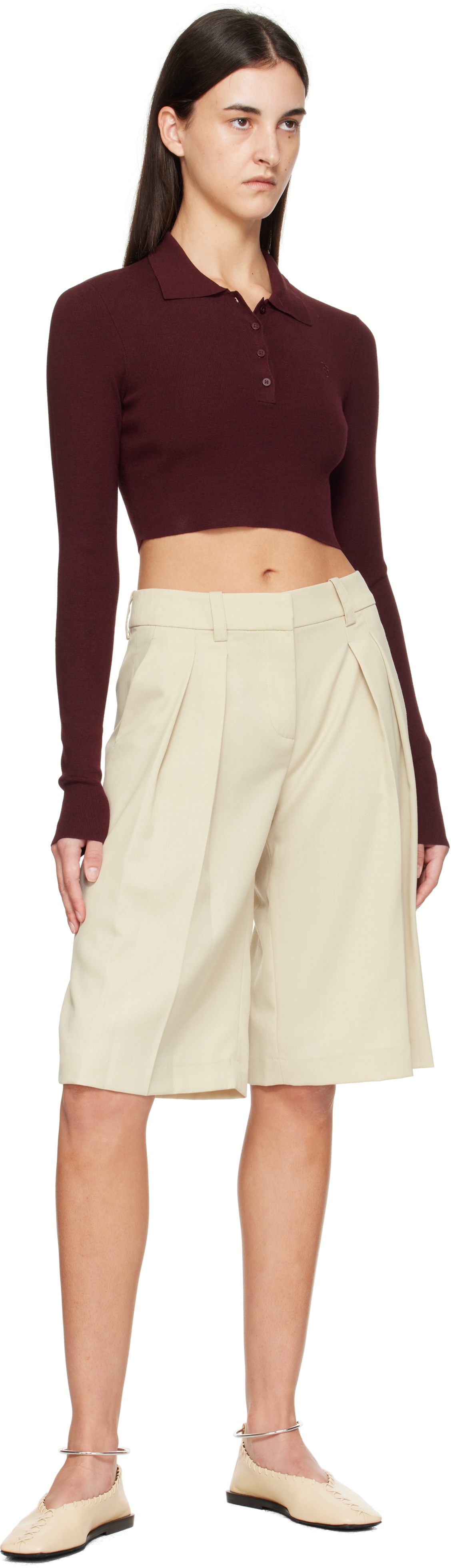 The Frankie Shop Burgundy Giselle Cropped Knit Polo