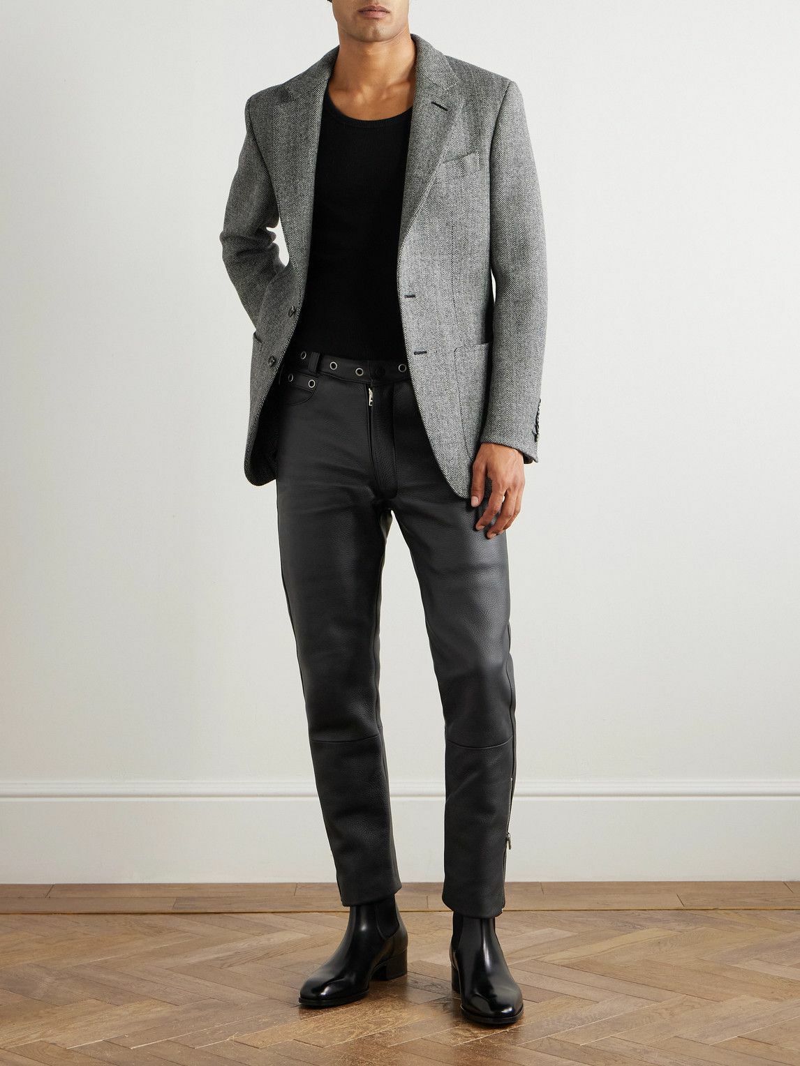 TOM FORD - Straight-Leg Eyelet-Embellished Paneled Full-Grain Leather Trousers - Black