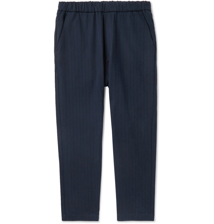Photo: Barena - Navy Arenga Tapered Striped Cotton-Blend Drawstring Trousers - Blue