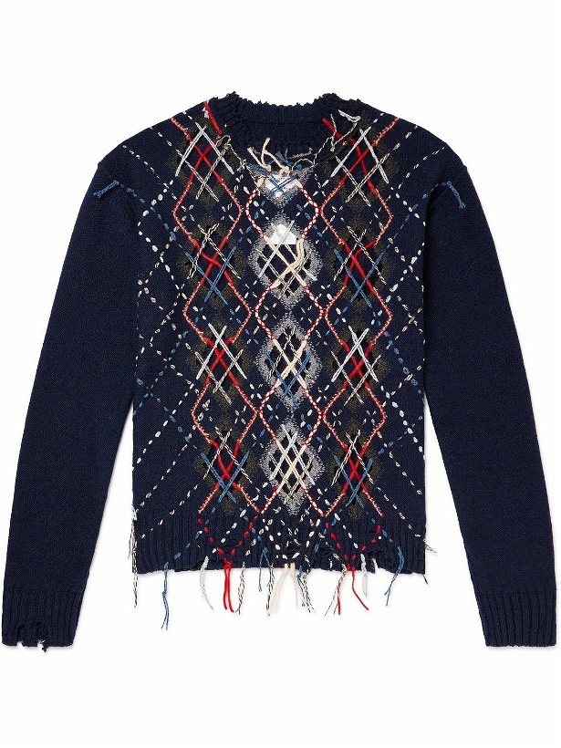 Photo: Maison Margiela - Embroidered Distressed Wool-Blend Sweater - Blue