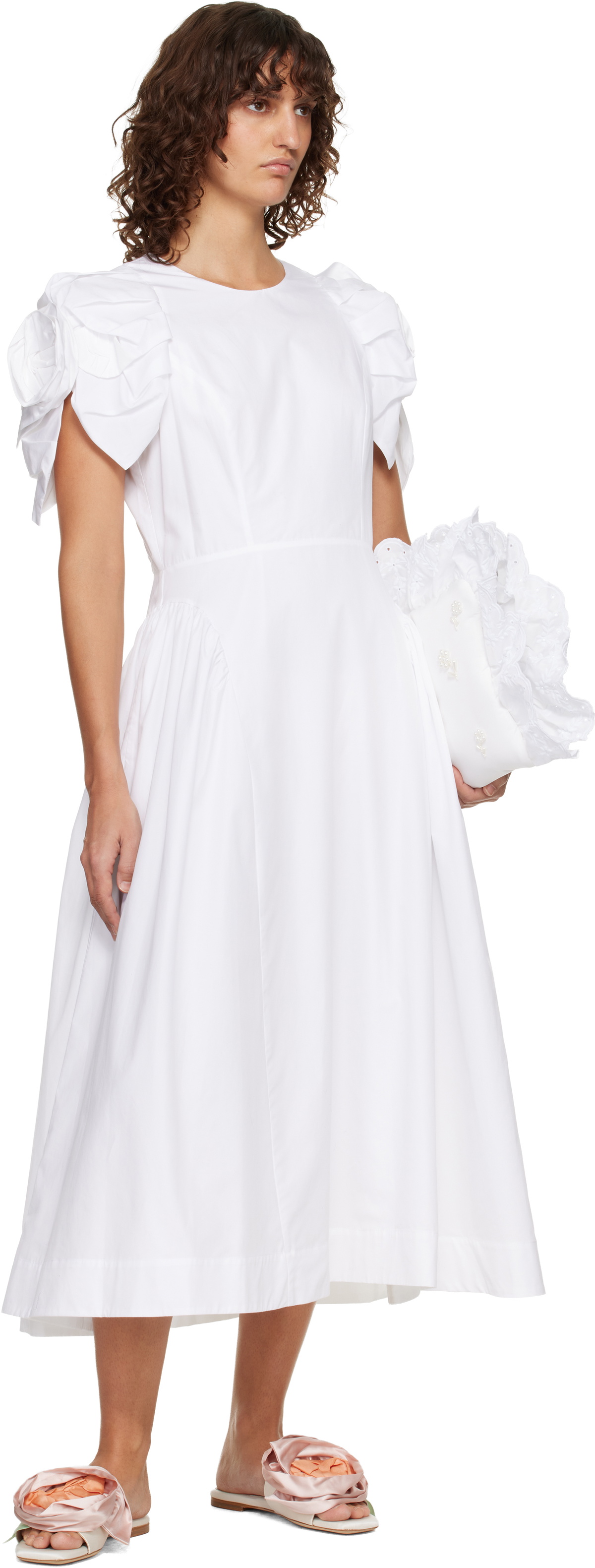 Simone Rocha White Rose Puff Sleeve Hip Midi Dress