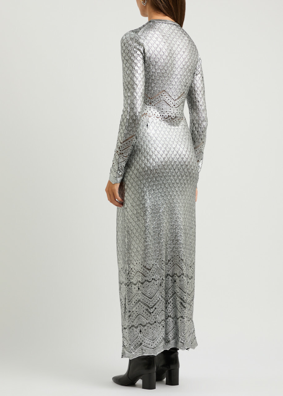Rabanne Metallic Pointelle-knit Maxi Dress Silver Paco Rabanne