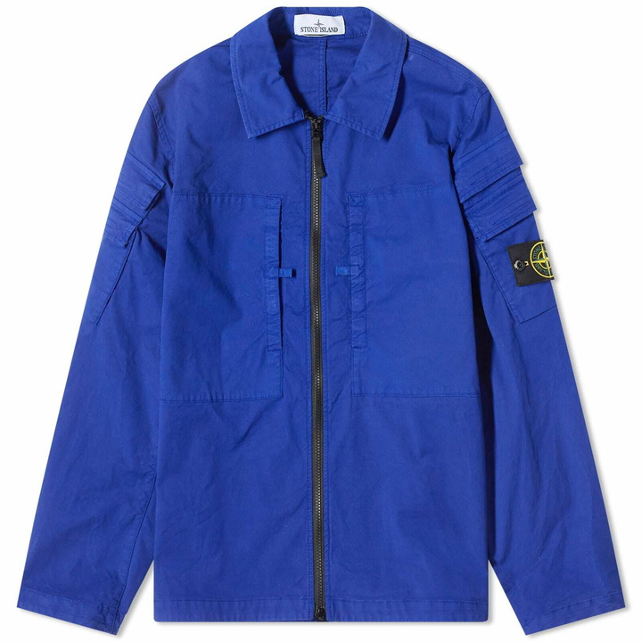 Photo: Stone Island Men's Garment Dyed Pocket Detail Zip Overshirt in Bright Blue