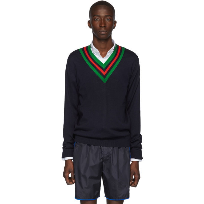 Photo: Gucci Navy Wool Web V-Neck Sweater