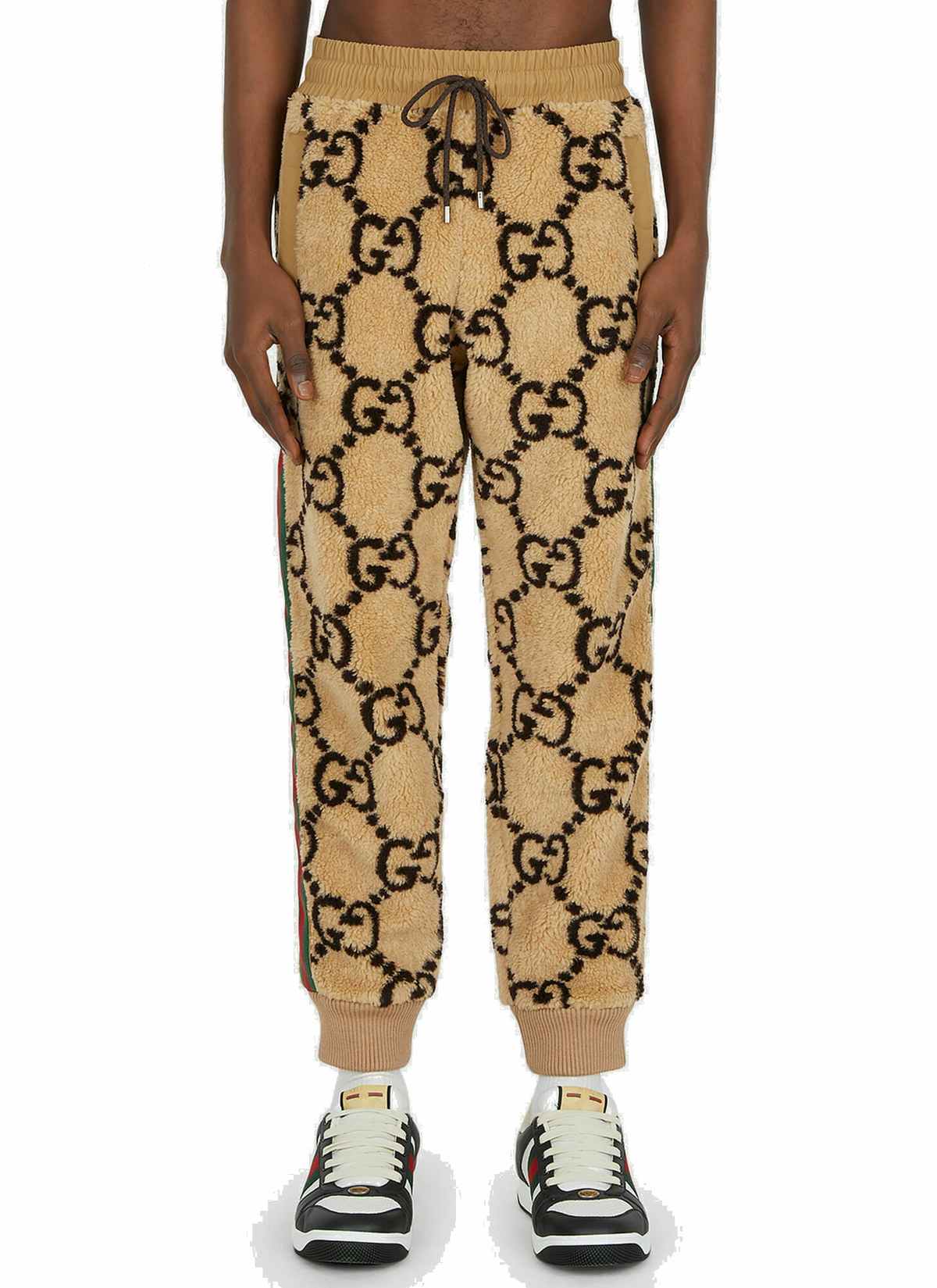 GG Jacquard Faux Fur Track Pants in Beige Gucci