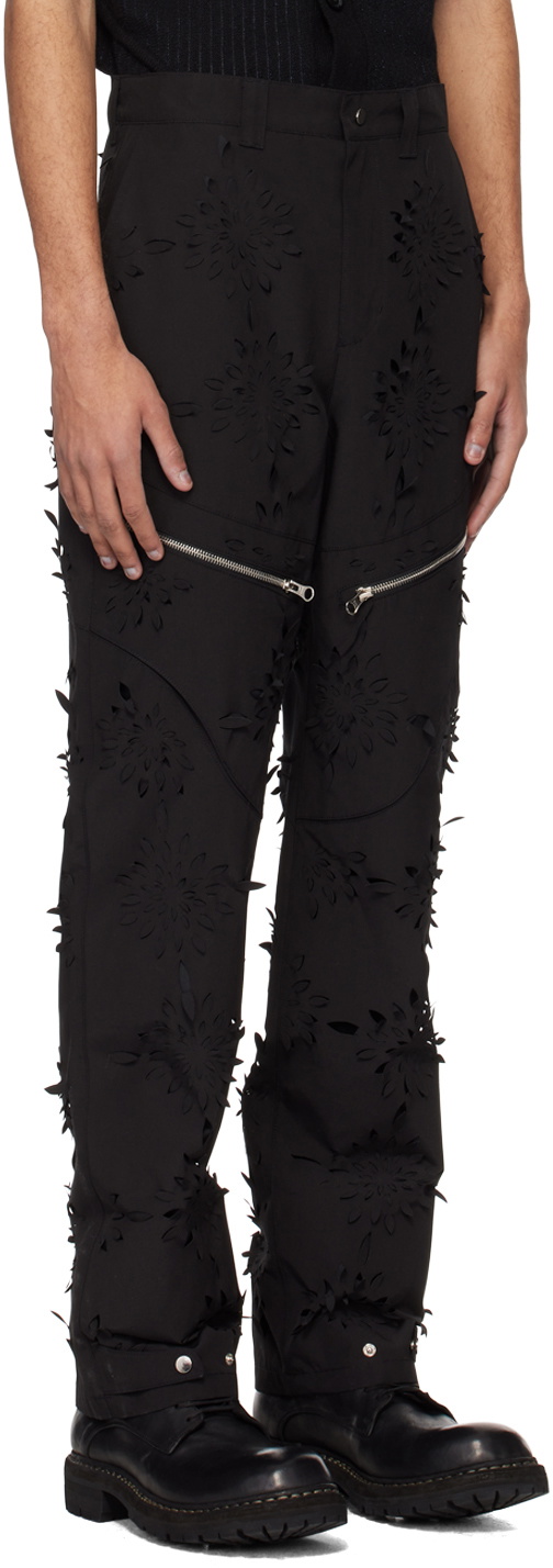 Juntae Kim Black Laser-Slashed Flower Trousers
