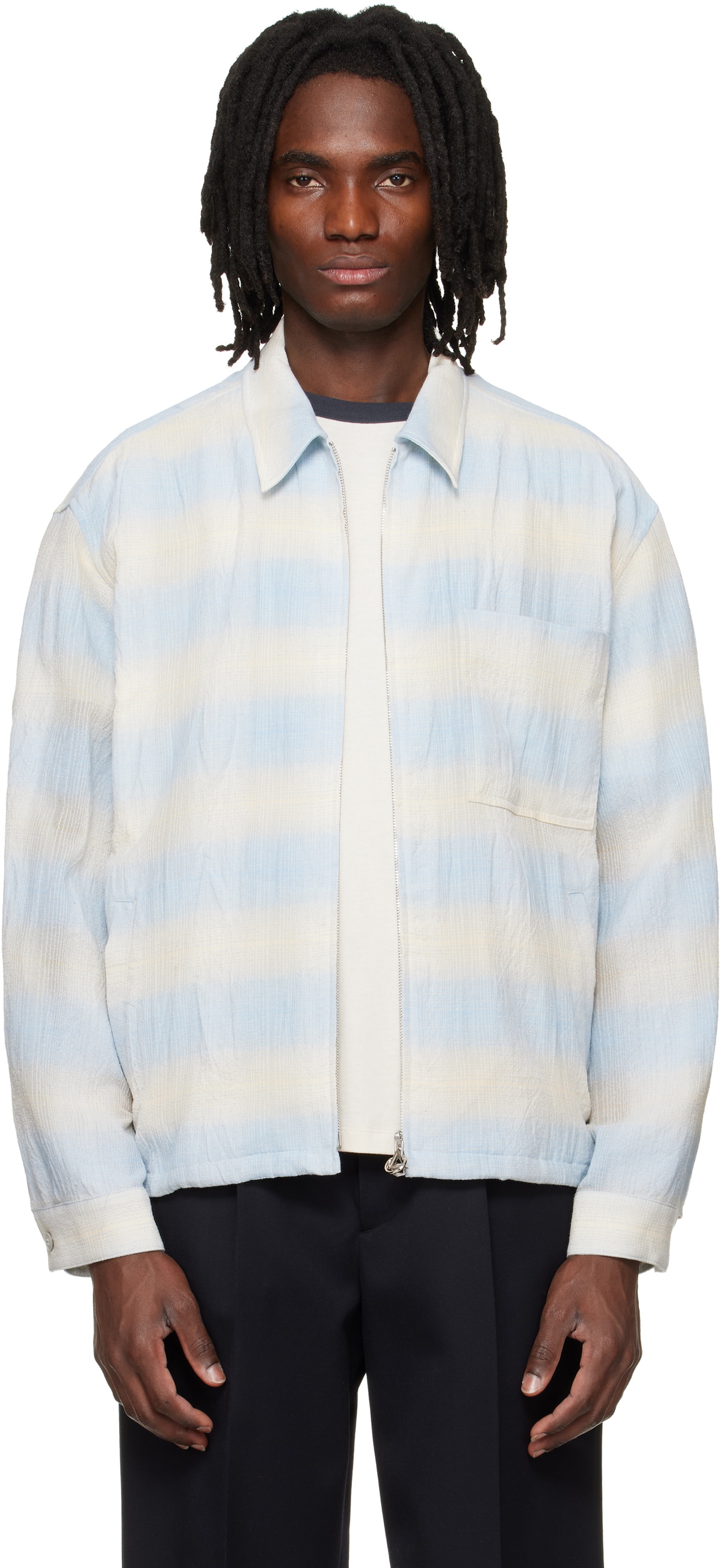 Solid Homme Blue & Beige Striped Zip-Up Shirt