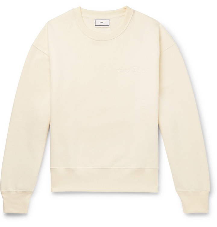 Photo: AMI - Logo-Embroidered Fleece-Back Cotton-Blend Jersey Sweatshirt - Cream