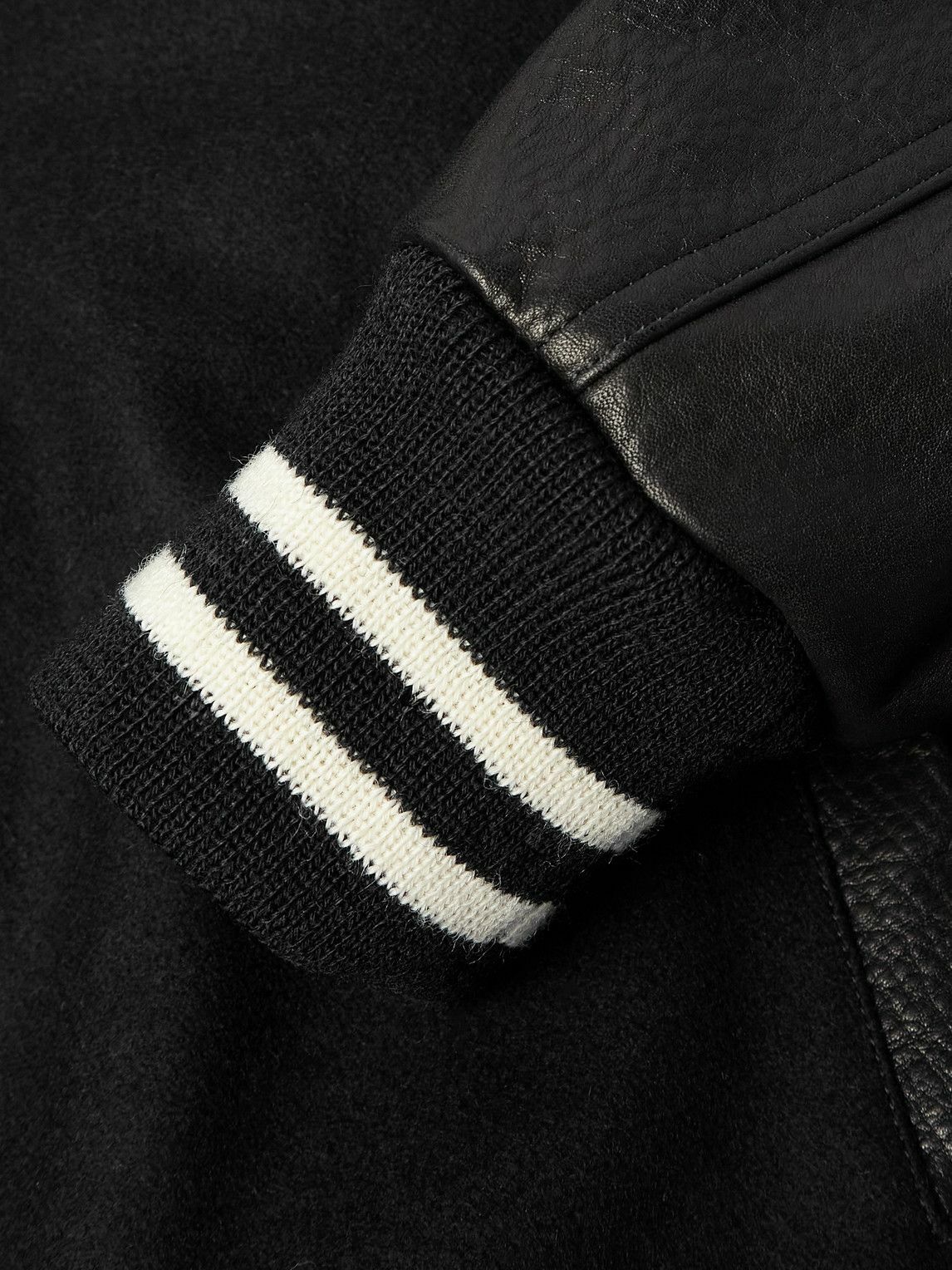 Wacko Maria - Leather-Panelled Striped Appliquéd Wool-Blend Varsity Jacket - Black