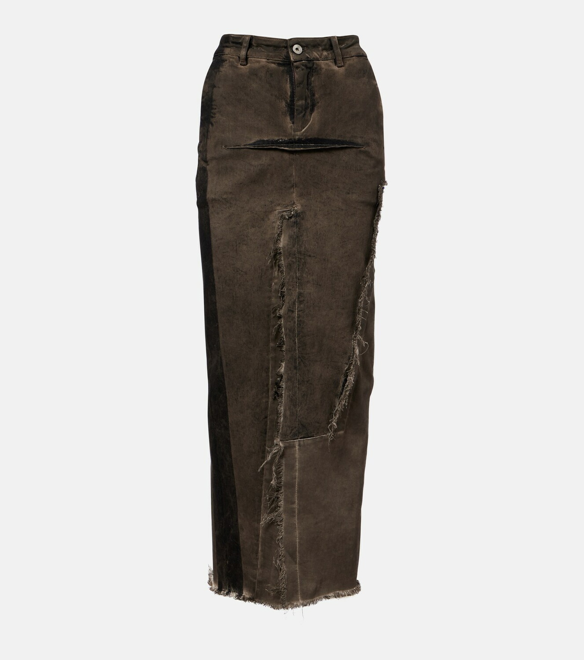 Rick Owens Sliced distressed denim midi skirt