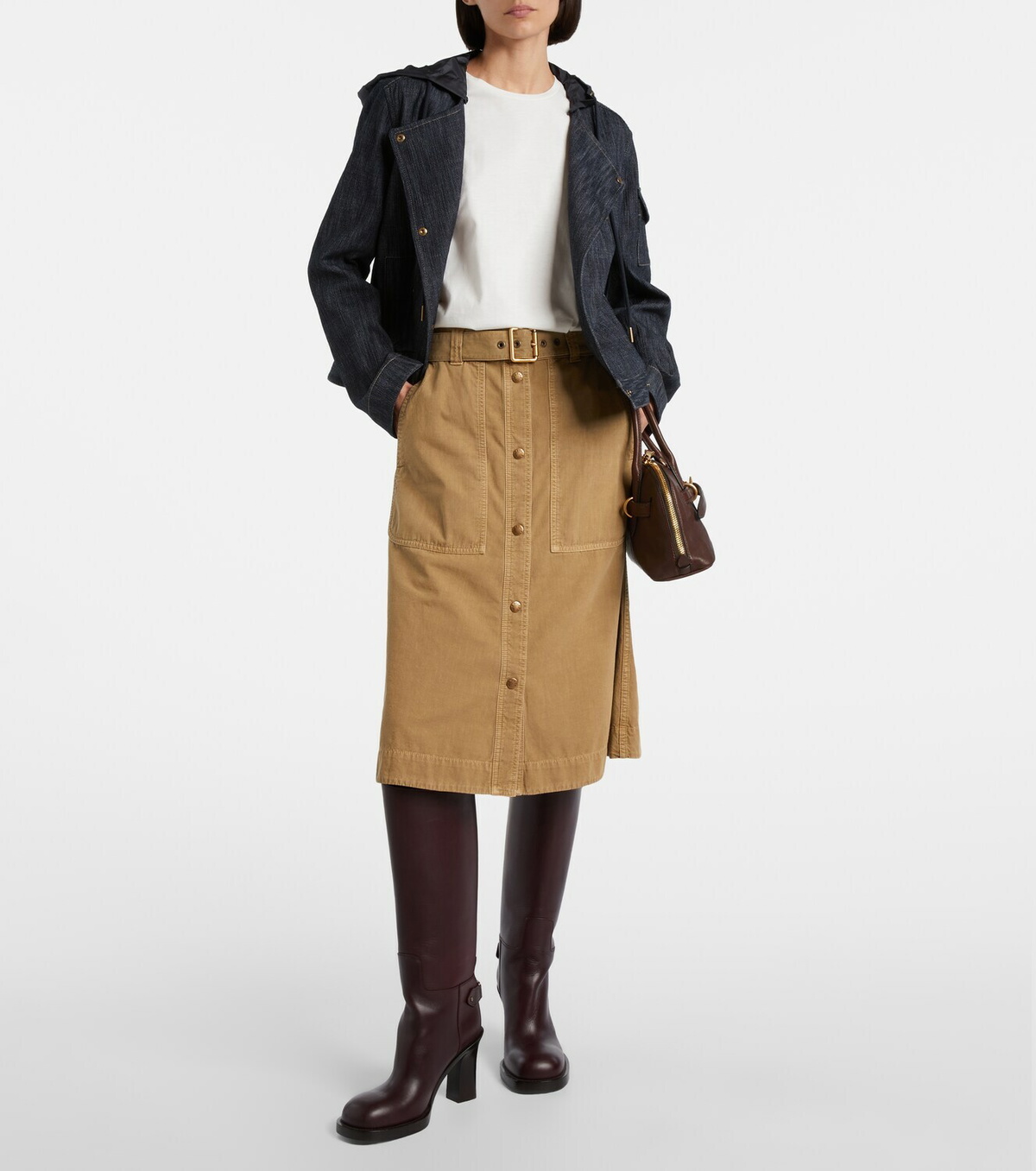 Moncler Belted denim midi skirt