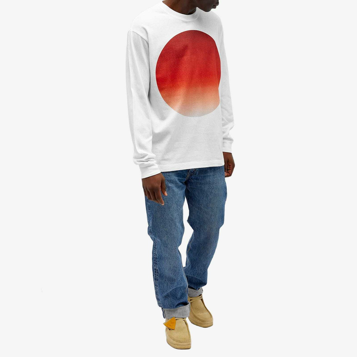 Blue Blue Japan Men's Graduation Big Circle Slub Long Sleeve T-Shirt in White/Red