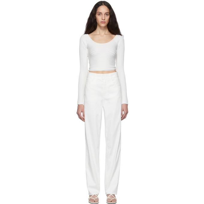 Tibi White Ribbed Decollete Wrap Sweater