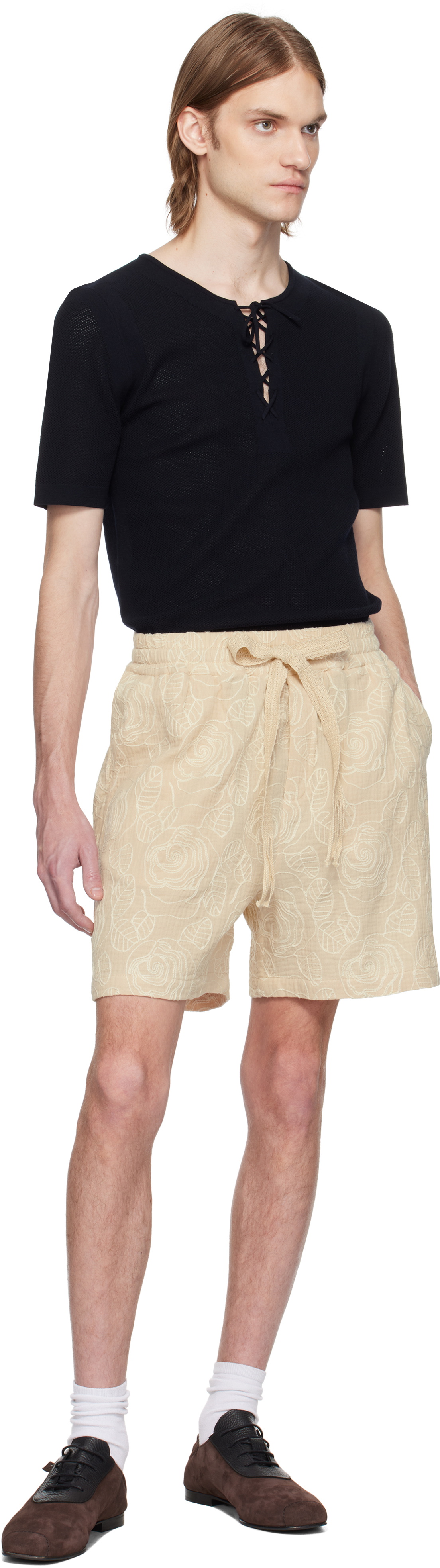 CMMN SWDN Beige Enzo Embroidered Shorts