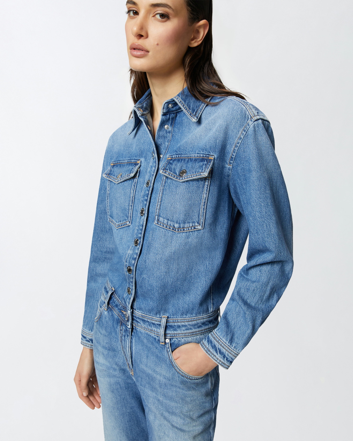 Pinko Long Denim Jumpsuit With Pockets Mid Wash