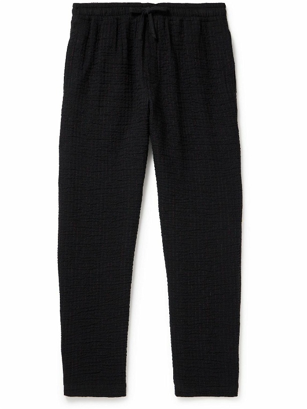 Photo: YMC - Alva Tapered Crinkled Stretch-Cotton and Wool-Blend Drawstring Trousers - Black