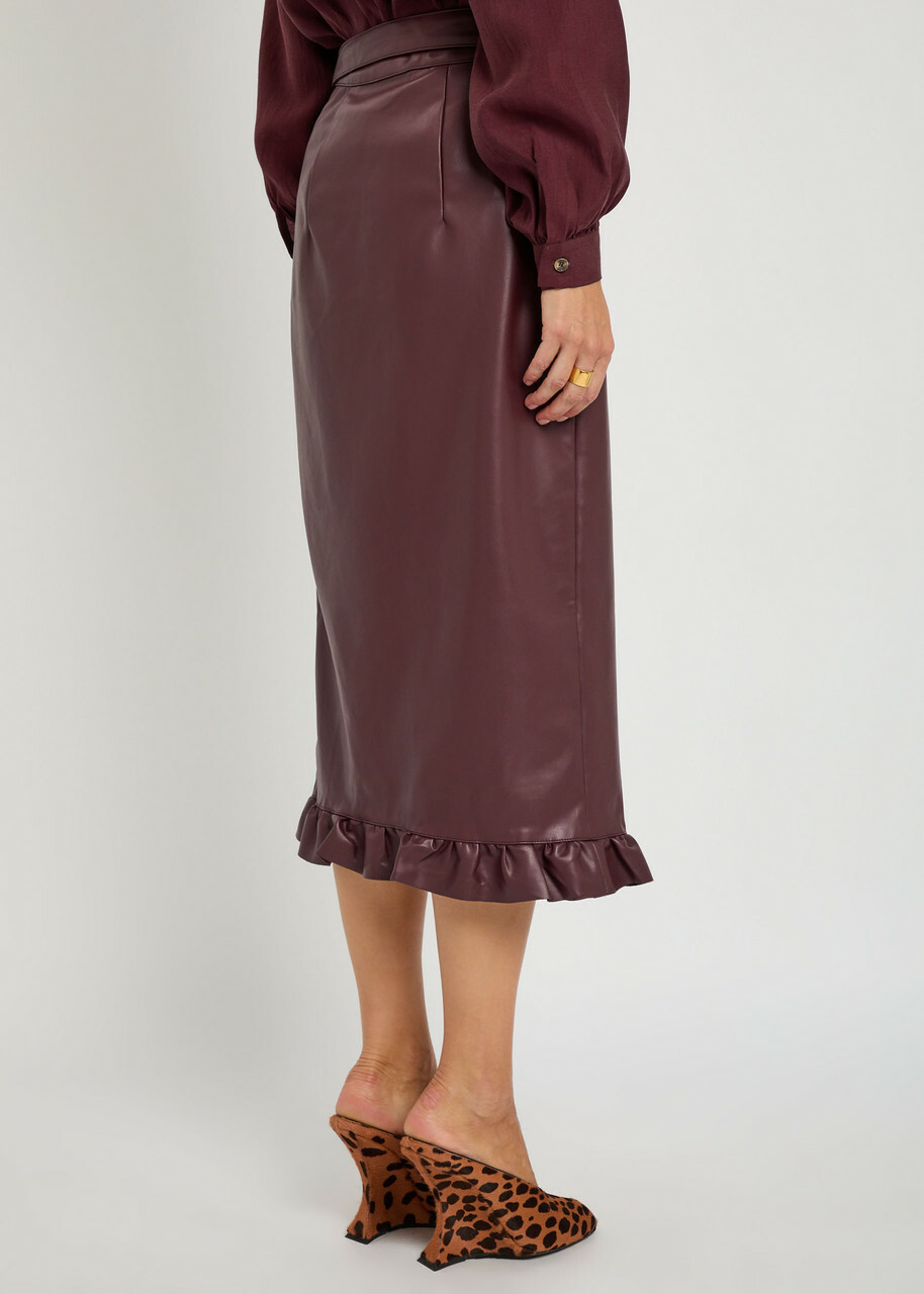 Never Fully Dressed Jaspre Ruffled Faux Leather Midi Wrap Skirt Red