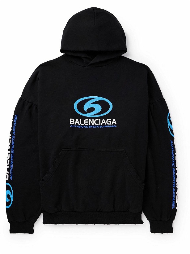 Photo: Balenciaga - Oversized Logo-Print Distressed Cotton-Jersey Hoodie - Black