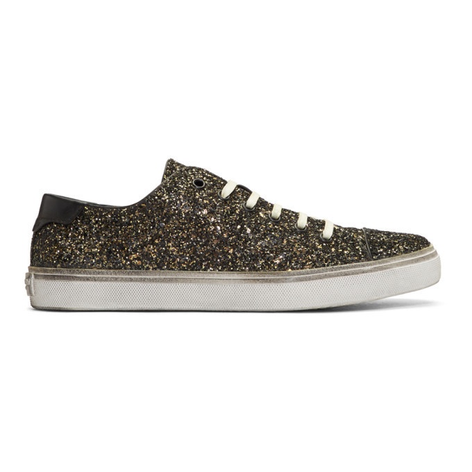 Photo: Saint Laurent Gold and Black Glitter Bedford Sneakers