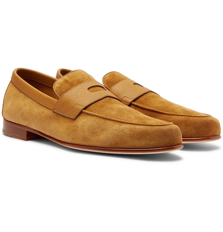 Photo: John Lobb - Hendra Leather-Trimmed Suede Penny Loafers - Brown