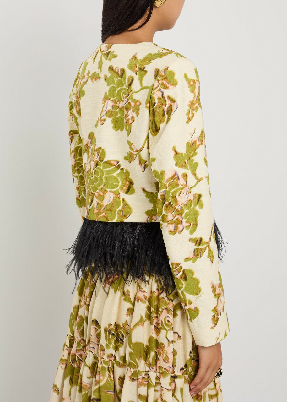 LA Double J Bijoux Feather-trim Woven Jacket Beige