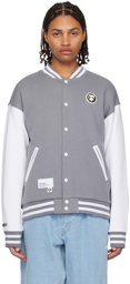 AAPE by A Bathing Ape White & Gray Press-Stud Bomber Jacket