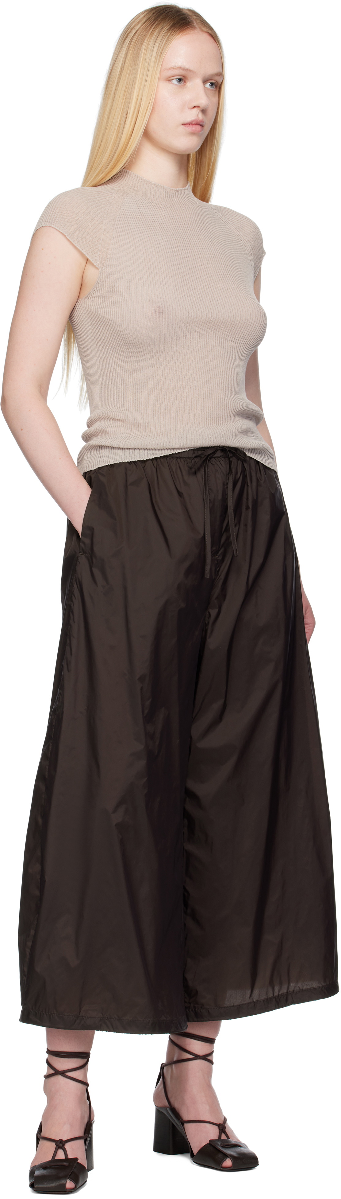 AMOMENTO Brown Nylon Shirring Lounge Pants