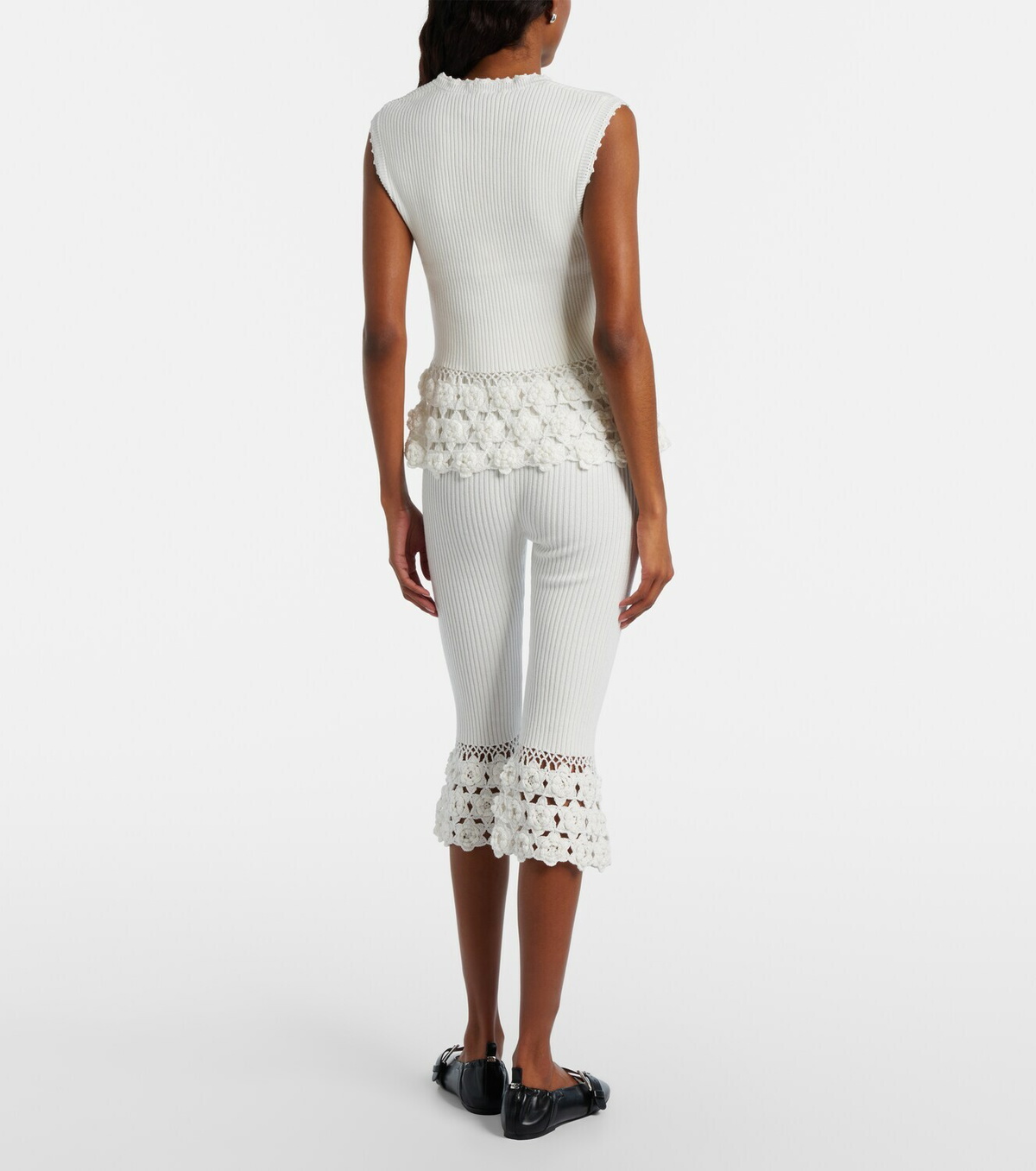 Ganni Crochet-trimmed ribbed cotton-blend capri pants