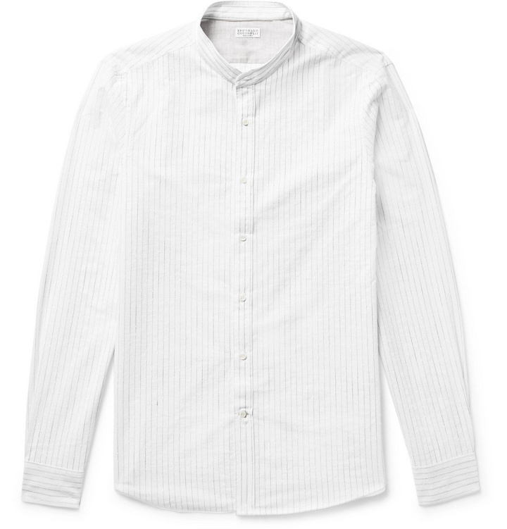 Photo: Brunello Cucinelli - Slim-Fit Grandad-Collar Pinstriped Slub Cotton-Blend Shirt - Men - White