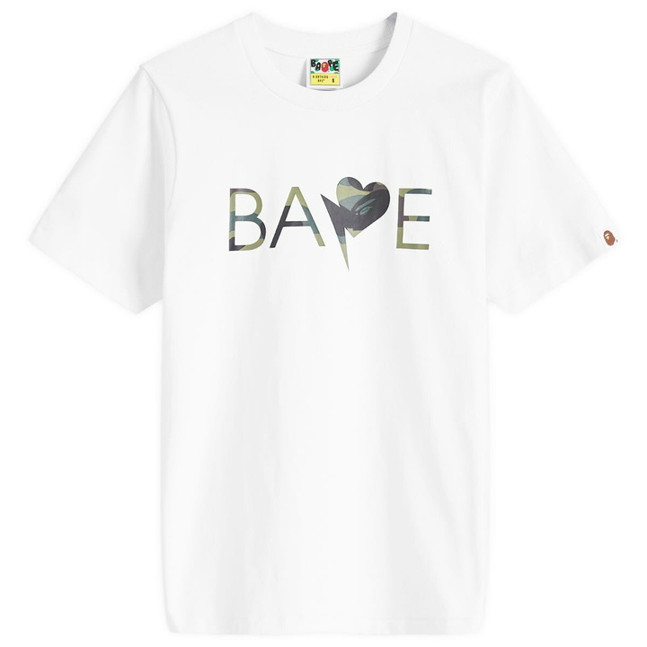 Photo: A Bathing Ape Women's 1st Camo Heart Bapeogo T-Shirt in White/Green