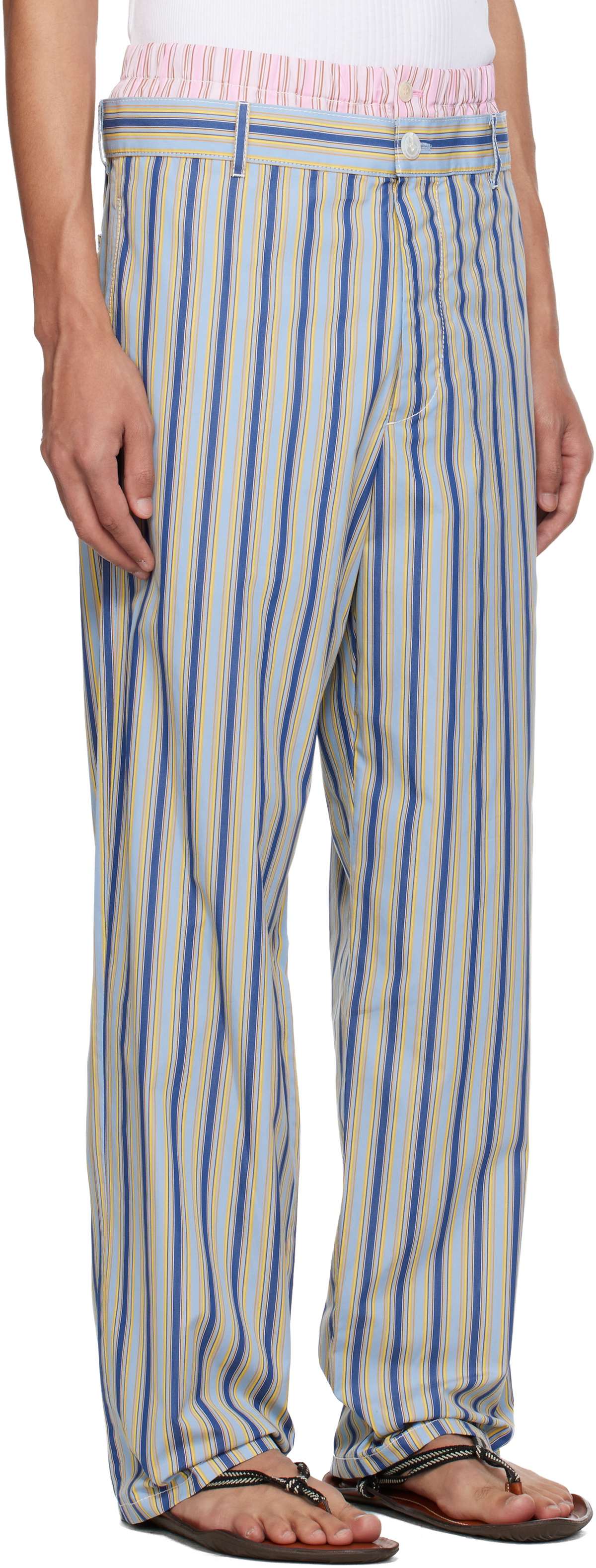 Marni Blue & Yellow Striped Poplin Trompe L'Oeil Effect Trousers