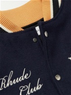 Rhude - Wine Club Logo-Embroidered Full-Grain Leather and Wool-Blend Bomber Jacket - Blue