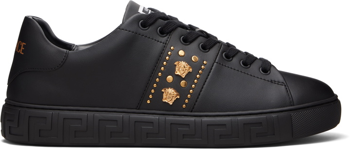 Photo: Versace Black Greca Embellished Nylon Faux-Leather Sneakers