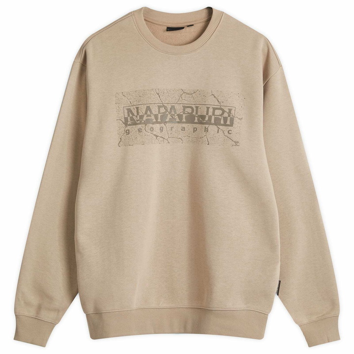 Photo: Napapijri Men's Box Logo Crew Sweatshirt in Beige Rocky