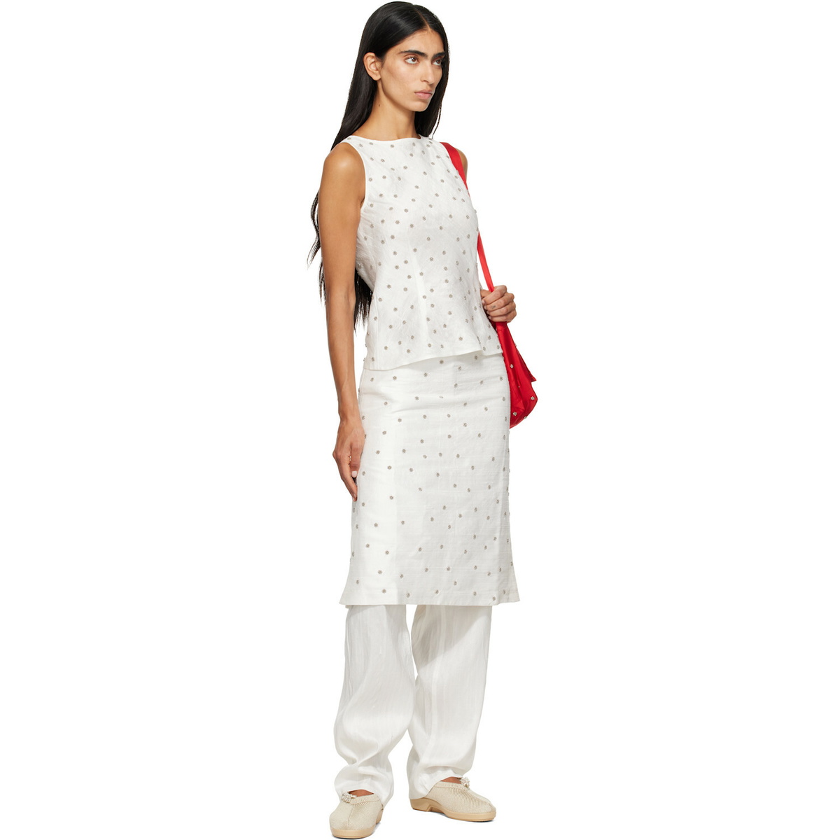 RESCHA SSENSE Exclusive White Agarra Embroidered Midi Skirt