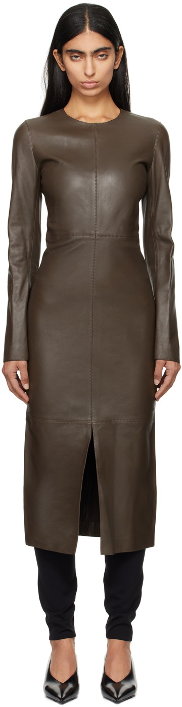 TOTEME Brown Paneled Leather Midi Dress Toteme TOTEME Brown Paneled Leather Midi Dress Toteme