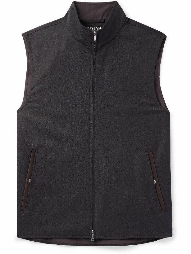 Photo: Zegna - Leather-Trimmed Wool, Mohair and Silk-Blend Twill Gilet - Brown