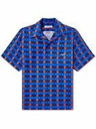 Wales Bonner - Camp-Collar Logo-Embroidered Printed Satin Shirt - Blue