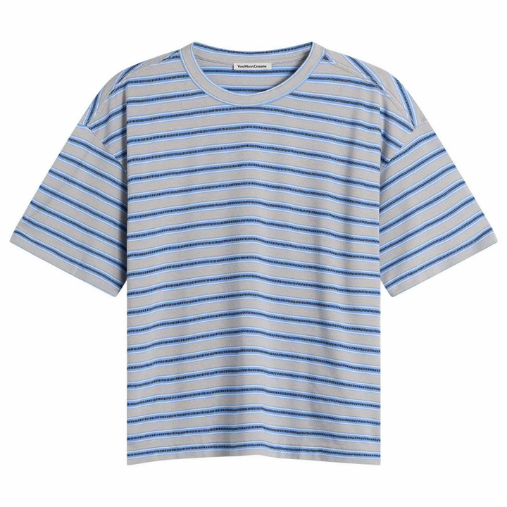 Photo: YMC Men's Triple Rapport Stripe T Shirt in Blue Multi