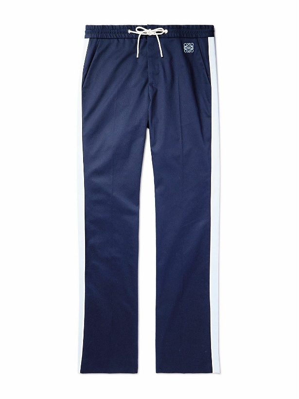 Photo: Loewe - Straight-Leg Leather-Trimmed Logo-Embroidered Striped Stretch-Cotton Sweatpants - Blue