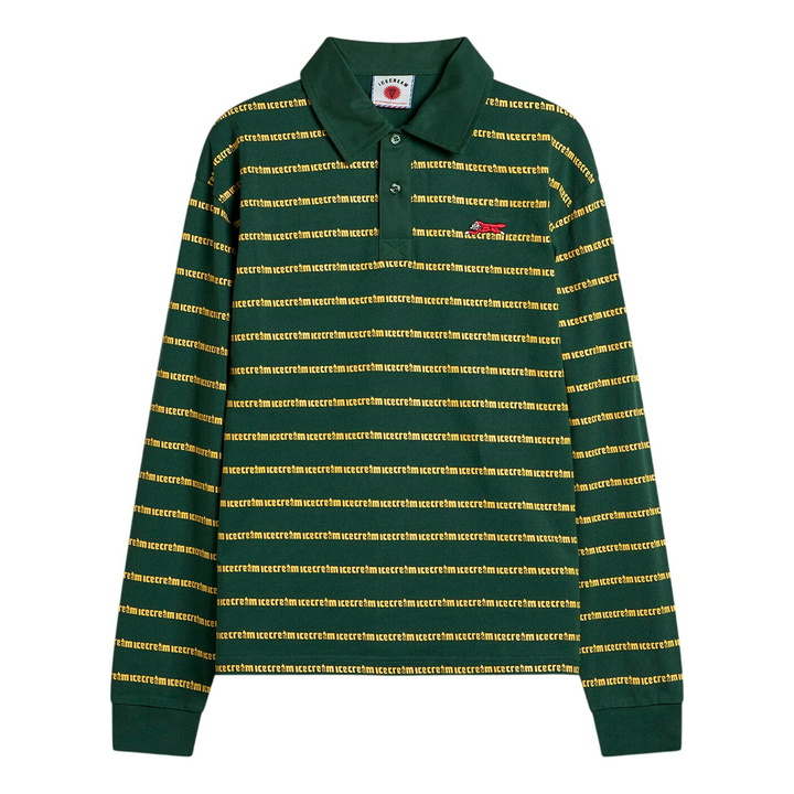 Photo: ICECREAM Men's Running Dog Striped Rugby Shirt in Green