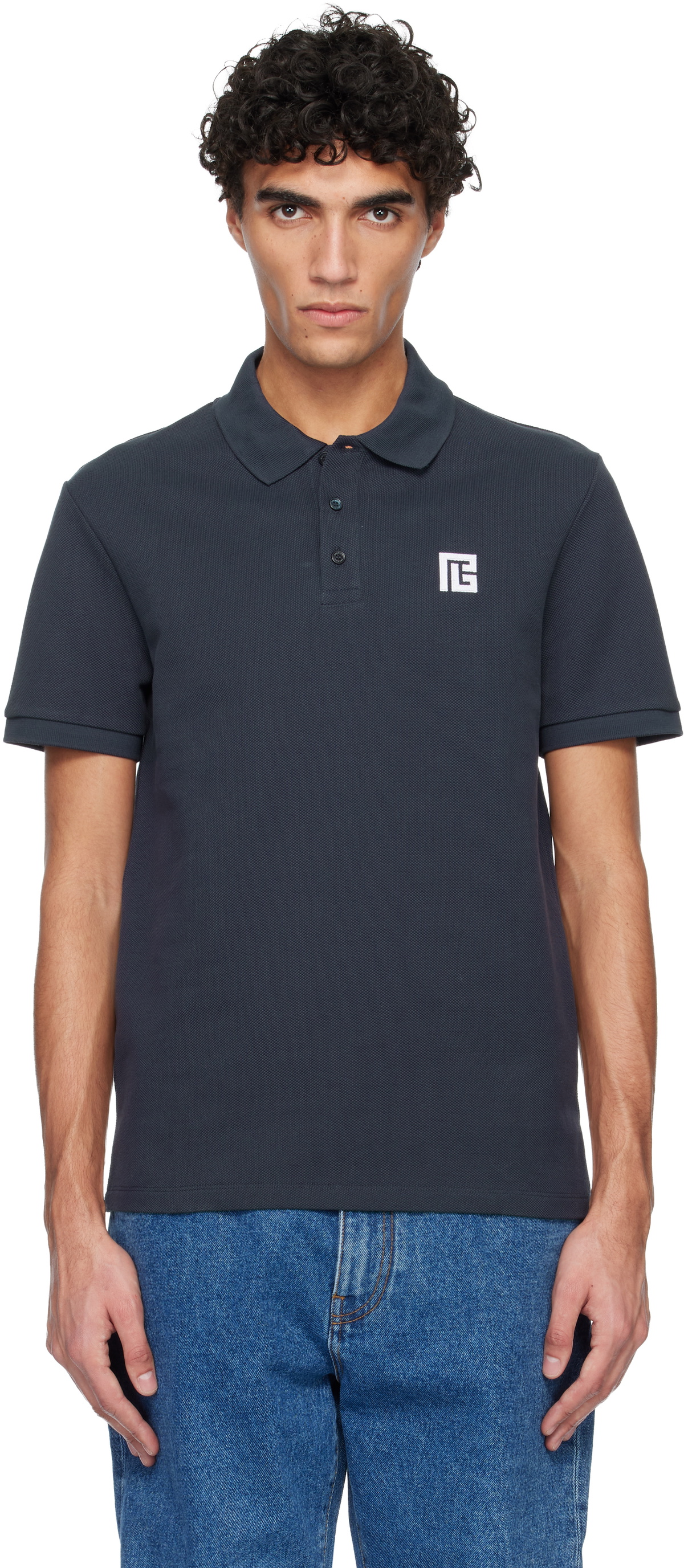Balmain Navy Embroidered Cotton Polo