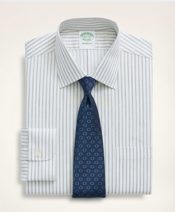 Photo: Brooks Brothers Men's Stretch Milano Slim-Fit Dress Shirt, Non-Iron Twill Stripe Ainsley Collar | Grey